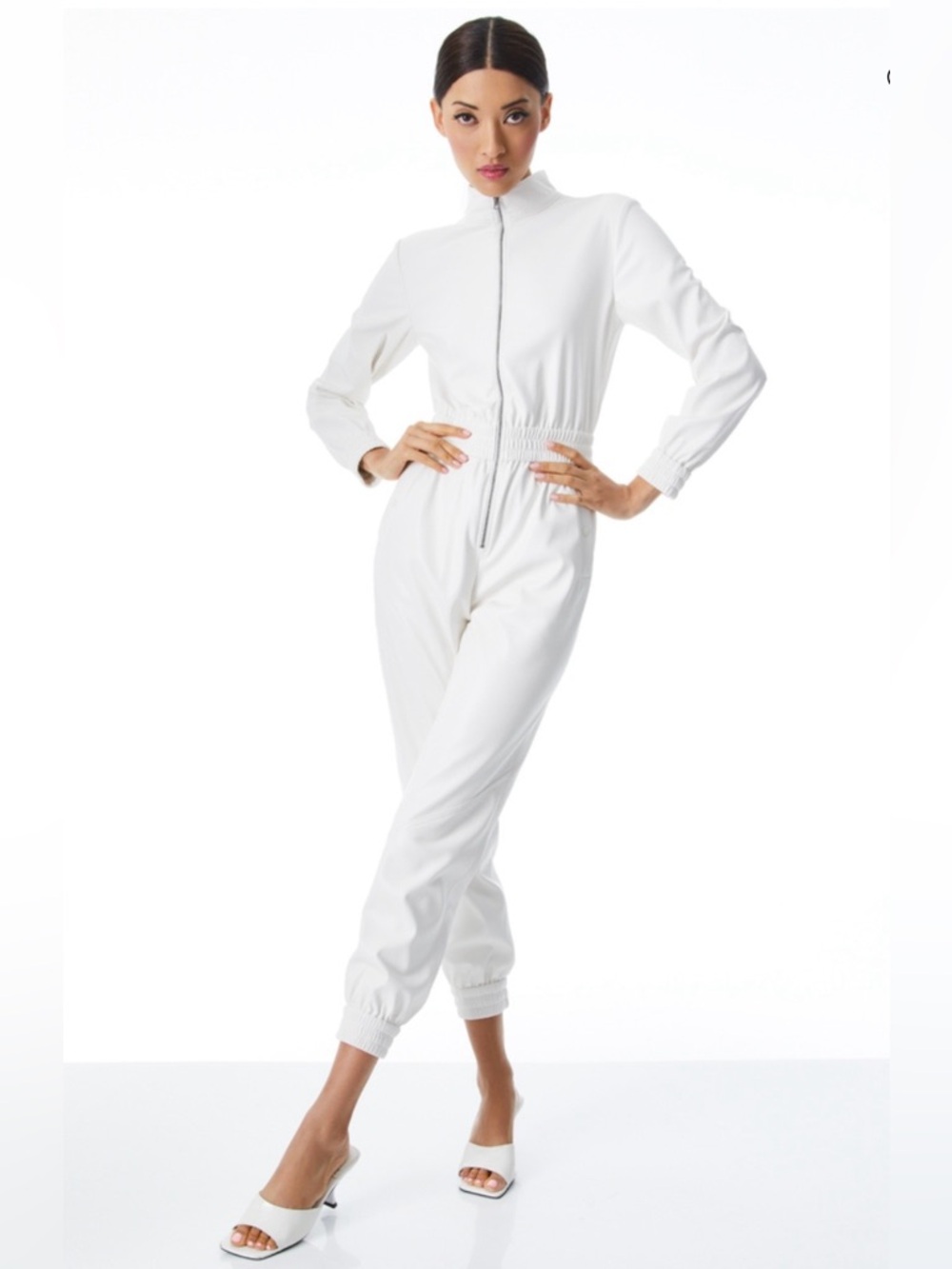 Alice+Olivia Levi Vegan Leather Zip Jumpsuit-Off White- 14